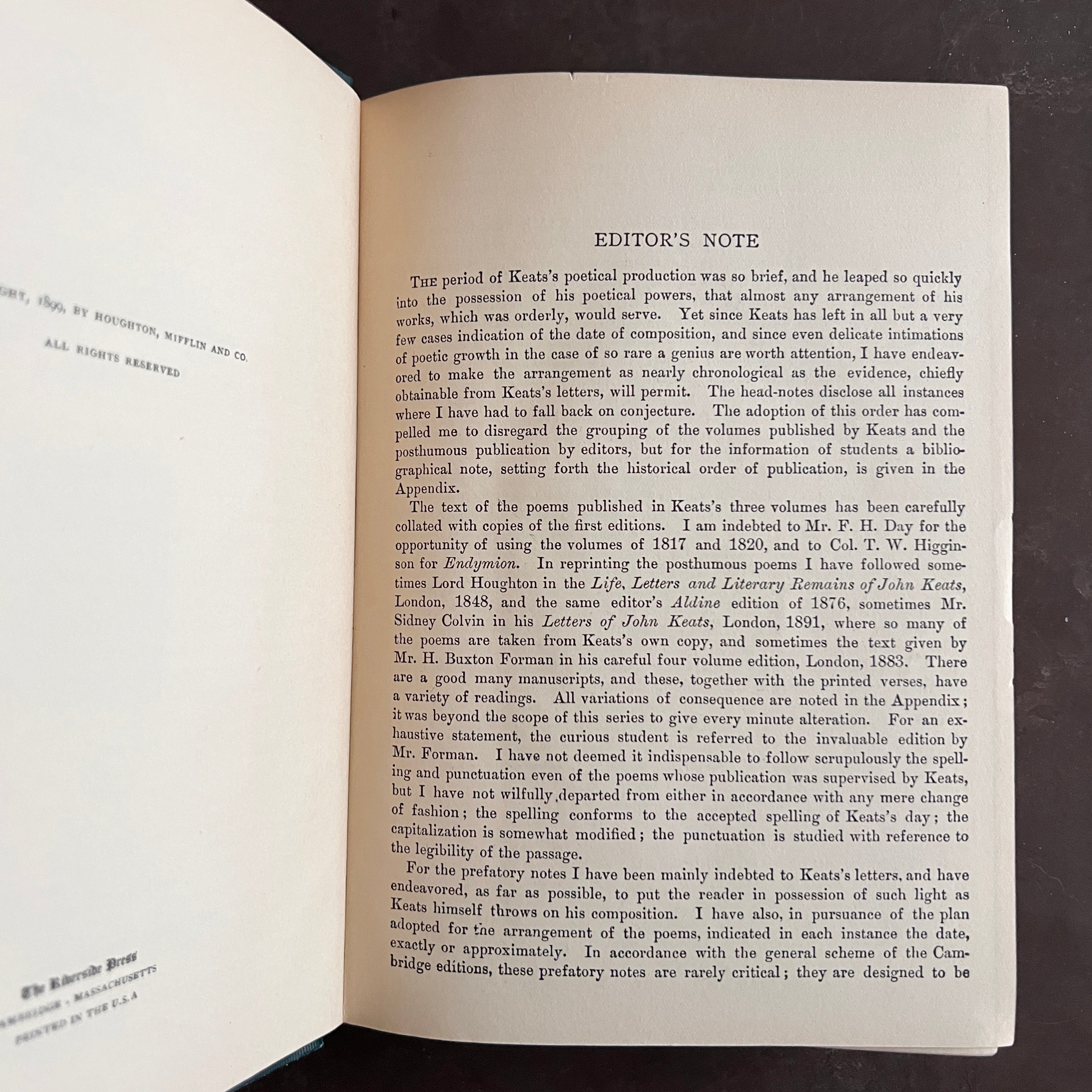 1899 - The Complete Poetical Works and Letters of John Keats