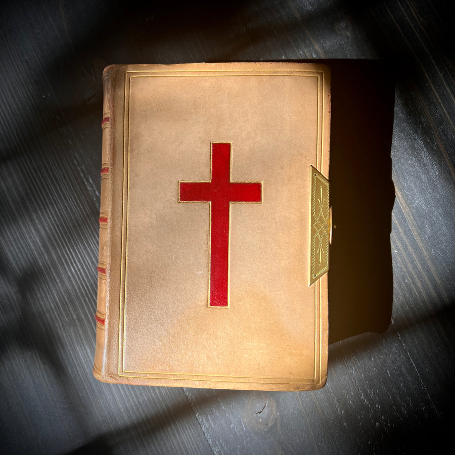 1866 Holy Bible | King James Version | Oxford University Press | Full Vellum Binding with Gauffered Edges, Gilt Clasp & Red Inlaid Cross | Presentation Copy
