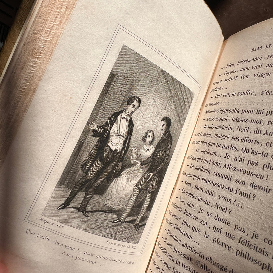 Le Premier Pas dans le Monde: Leçons de Politesse by C. Fallet | 1856 | Cartonnage Romantique with Illustrated Front Board & Ornate Pink, White & Gold Back Board