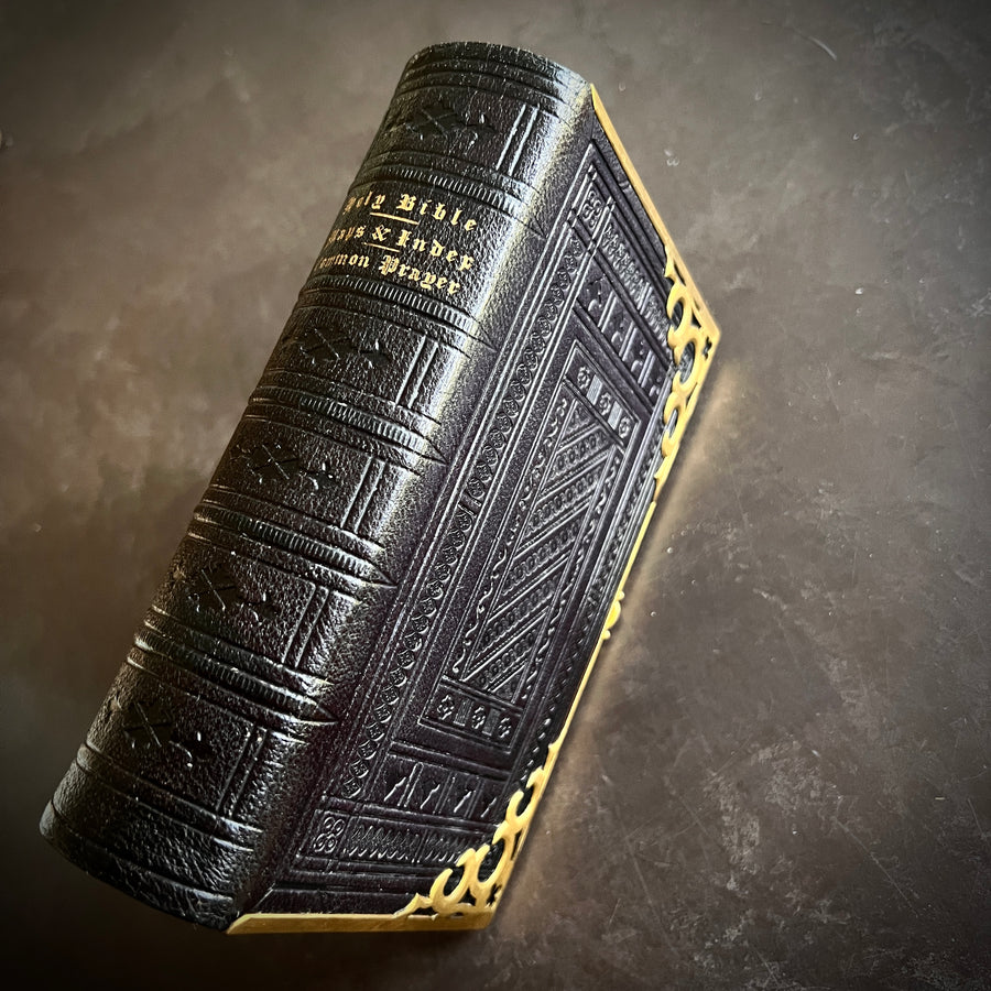 1853 Holy Bible | Old & New Testaments, Common Prayer & Psalms | Fine Black Leather with Ornate Brass Corners & Clasp | Gauffered Edges | Maps
