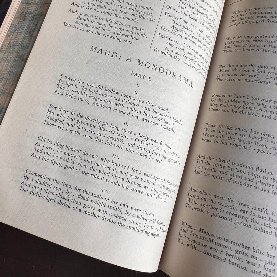 Poetical Works of Alfred Lord Tennyson (1899) — Full Leather Prize Binding, Charterhouse School, Gilt Crest, Marbled Endpapers London: Macmillan and Co. | 1899.