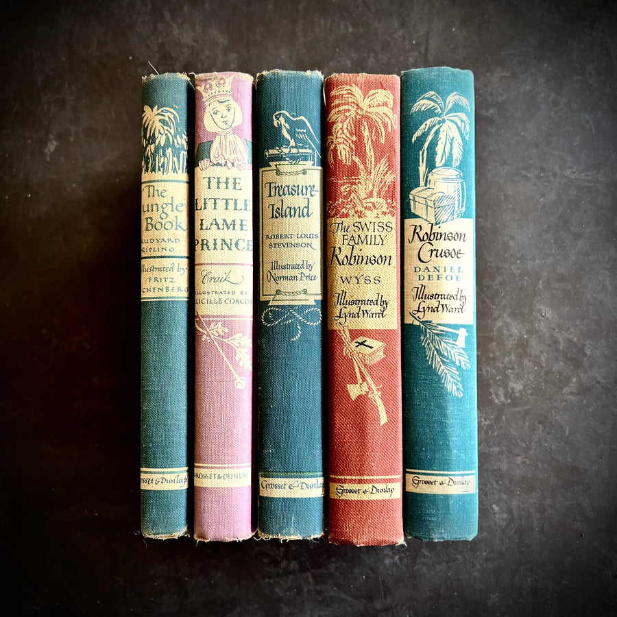 Illustrated Junior Library Set; The Jungle Book, The Little Lame Prince, Treasure Island, The Swiss Family Robinson, & Robinson Crusoe