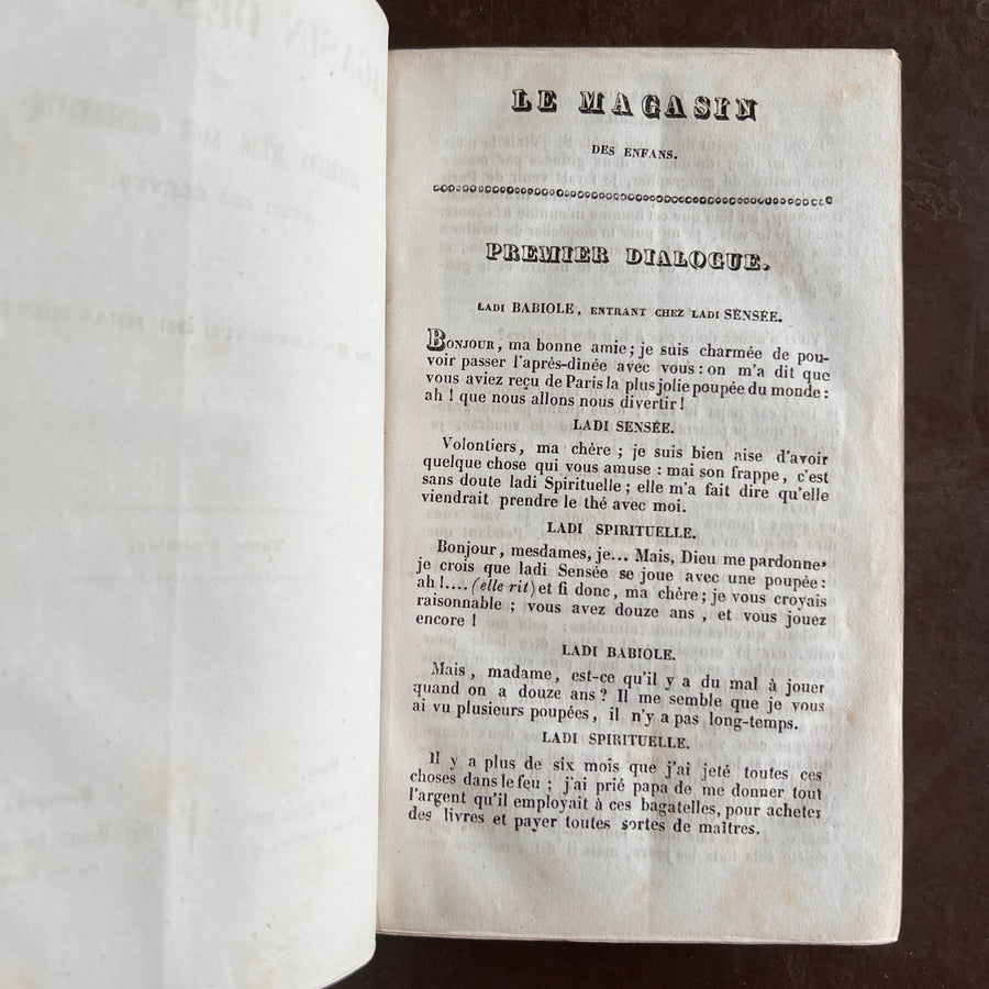 Le Magasin des Enfas ou Dialogues D’Une Sage Gouvernante Avec Ses Eleves  — Mme Leprince de Beaumont | Mid-19th Century French Edition | 2 Volumes in 1 | Fine Gilt-Decorated Binding