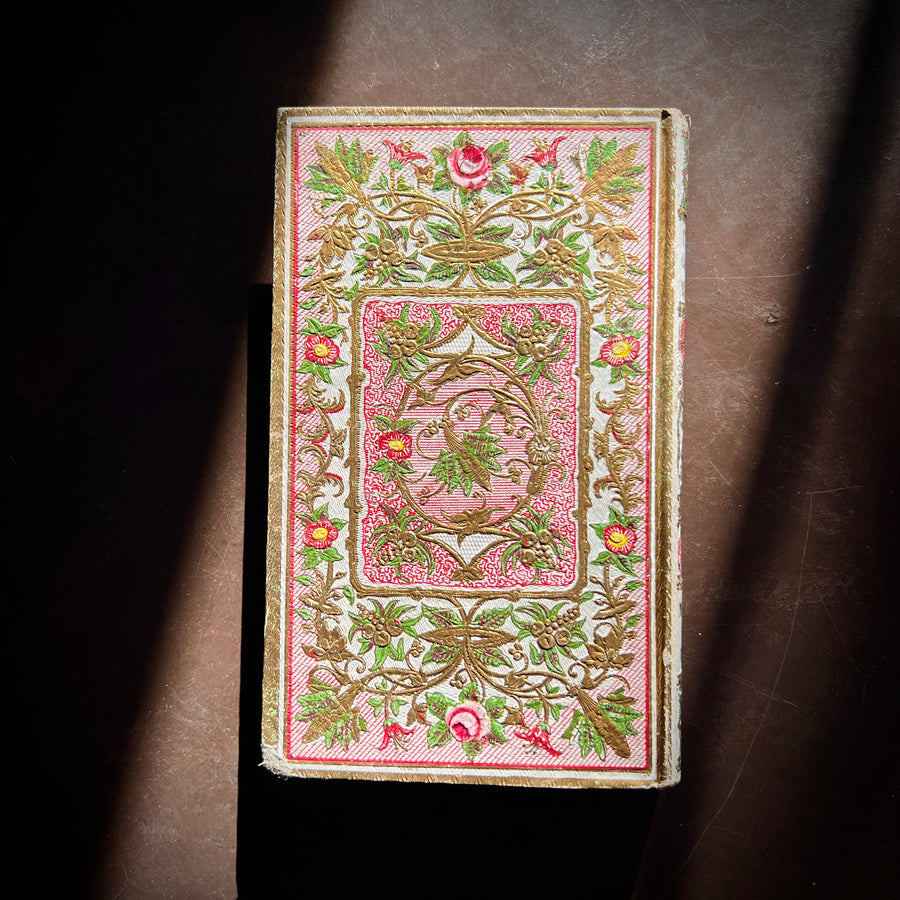 Le Premier Pas dans le Monde: Leçons de Politesse by C. Fallet | 1856 | Cartonnage Romantique with Illustrated Front Board & Ornate Pink, White & Gold Back Board