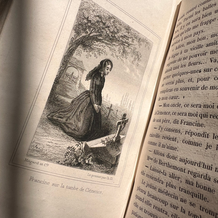 Le Premier Pas dans le Monde: Leçons de Politesse by C. Fallet | 1856 | Cartonnage Romantique with Illustrated Front Board & Ornate Pink, White & Gold Back Board