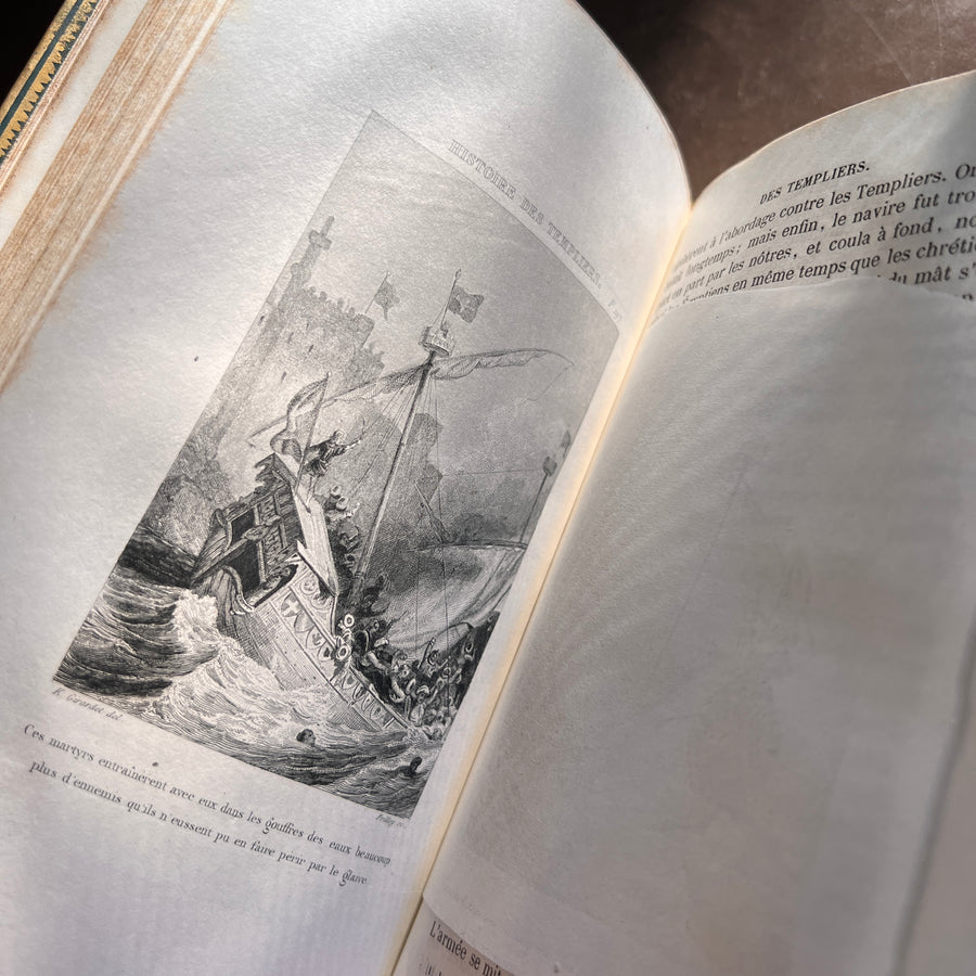 Histoire des Templiers by J.-J.-E. Roy | 1848 | Cartonnage Romantique in Gilt, Green, and Floral Design