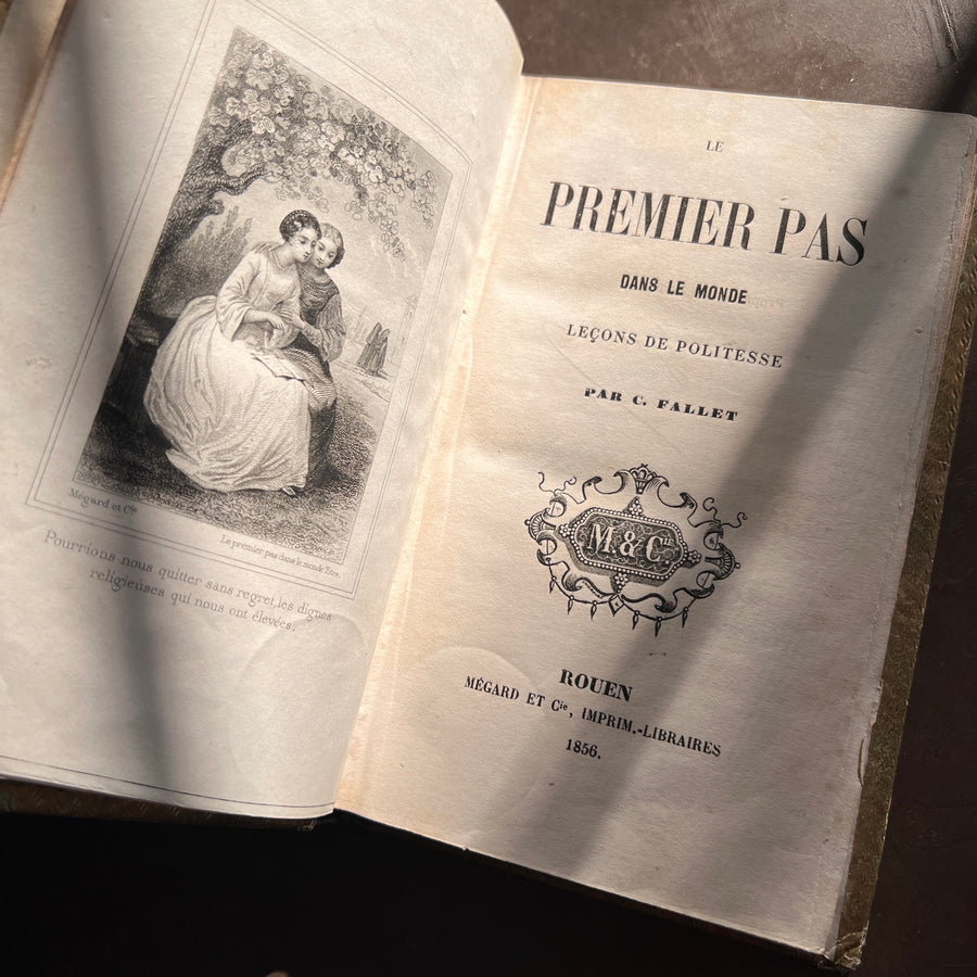 Le Premier Pas dans le Monde: Leçons de Politesse by C. Fallet | 1856 | Cartonnage Romantique with Illustrated Front Board & Ornate Pink, White & Gold Back Board