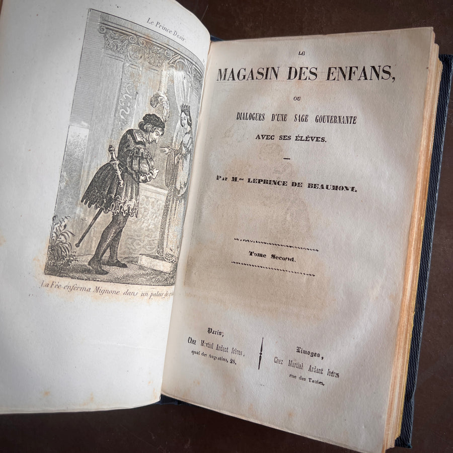 Le Magasin des Enfas ou Dialogues D’Une Sage Gouvernante Avec Ses Eleves  — Mme Leprince de Beaumont | Mid-19th Century French Edition | 2 Volumes in 1 | Fine Gilt-Decorated Binding