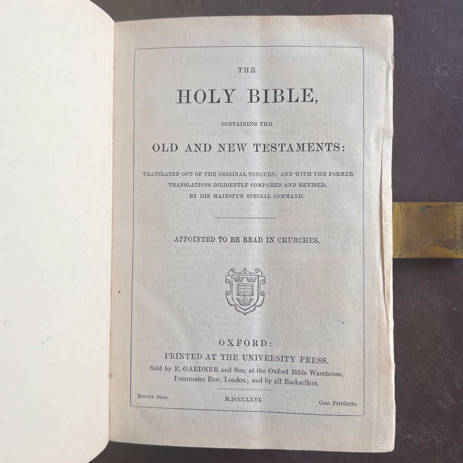 1866 Holy Bible | King James Version | Oxford University Press | Full Vellum Binding with Gauffered Edges, Gilt Clasp & Red Inlaid Cross | Presentation Copy