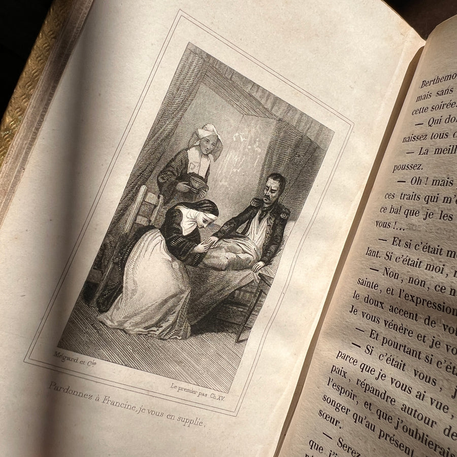 Le Premier Pas dans le Monde: Leçons de Politesse by C. Fallet | 1856 | Cartonnage Romantique with Illustrated Front Board & Ornate Pink, White & Gold Back Board