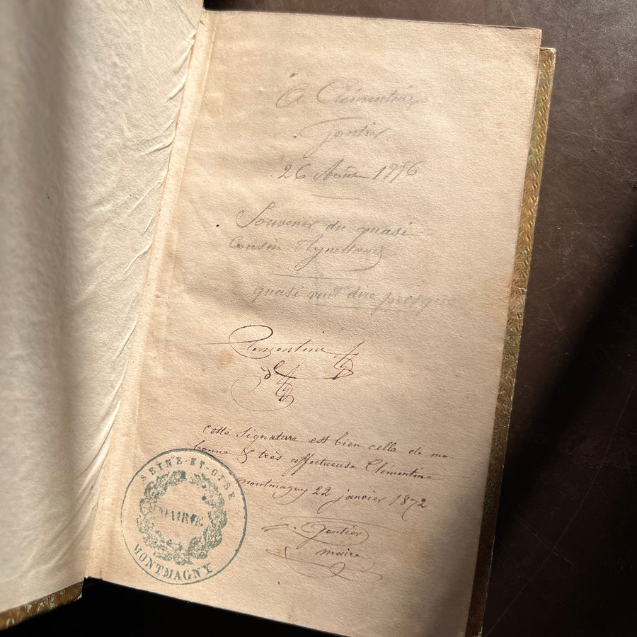 Le Premier Pas dans le Monde: Leçons de Politesse by C. Fallet | 1856 | Cartonnage Romantique with Illustrated Front Board & Ornate Pink, White & Gold Back Board
