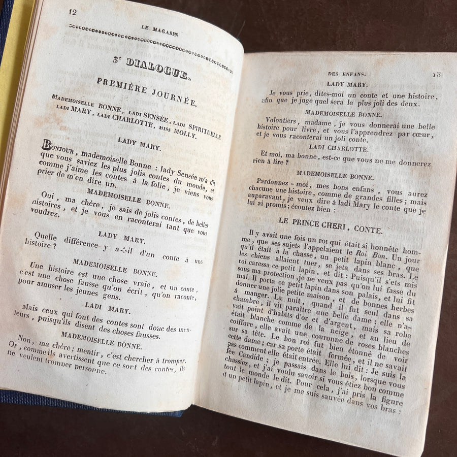 Le Magasin des Enfas ou Dialogues D’Une Sage Gouvernante Avec Ses Eleves  — Mme Leprince de Beaumont | Mid-19th Century French Edition | 2 Volumes in 1 | Fine Gilt-Decorated Binding