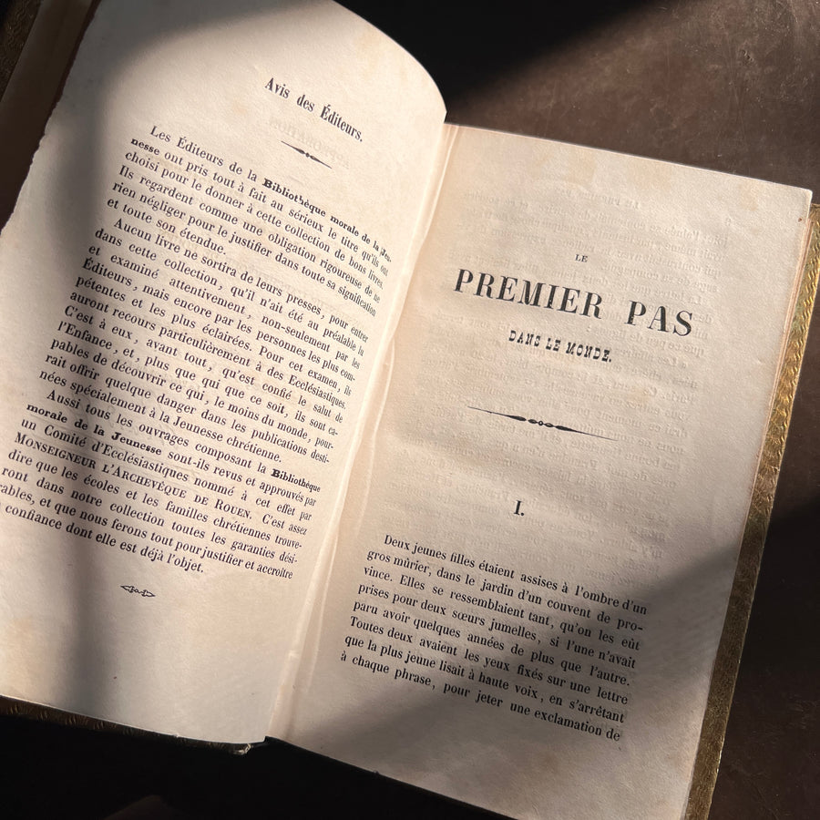 Le Premier Pas dans le Monde: Leçons de Politesse by C. Fallet | 1856 | Cartonnage Romantique with Illustrated Front Board & Ornate Pink, White & Gold Back Board
