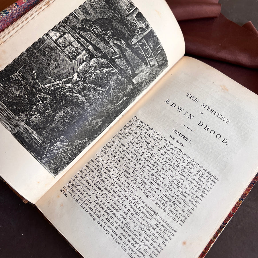 Mystery of Edwin Drood | Charles Dickens| First Edition in Book Form, Chapman & Hall, 1870 — Rebound in Half Leather by J. Woodland Bindery | First Printing Illustrations by S. L. Fildes