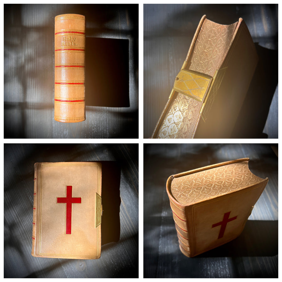 1866 Holy Bible | King James Version | Oxford University Press | Full Vellum Binding with Gauffered Edges, Gilt Clasp & Red Inlaid Cross | Presentation Copy