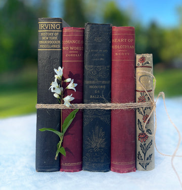 Vintage Book Bundle for Decor— Crimson, Charcoal/Black & Grey with Floral Accents