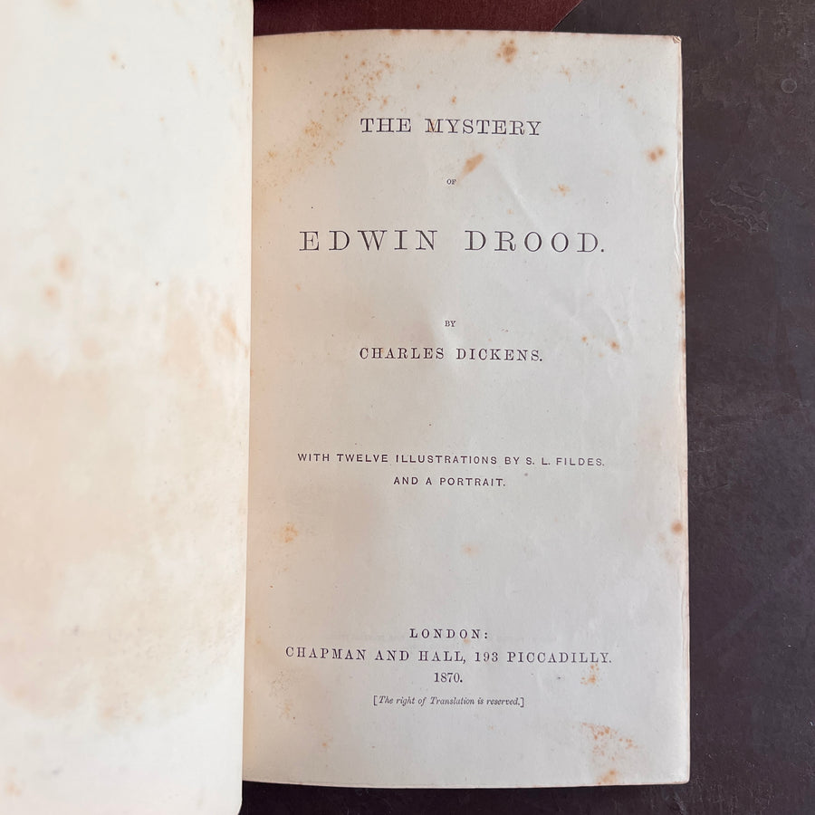 Mystery of Edwin Drood | Charles Dickens| First Edition in Book Form, Chapman & Hall, 1870 — Rebound in Half Leather by J. Woodland Bindery | First Printing Illustrations by S. L. Fildes