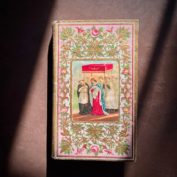 Le Premier Pas dans le Monde: Leçons de Politesse by C. Fallet | 1856 | Cartonnage Romantique with Illustrated Front Board & Ornate Pink, White & Gold Back Board