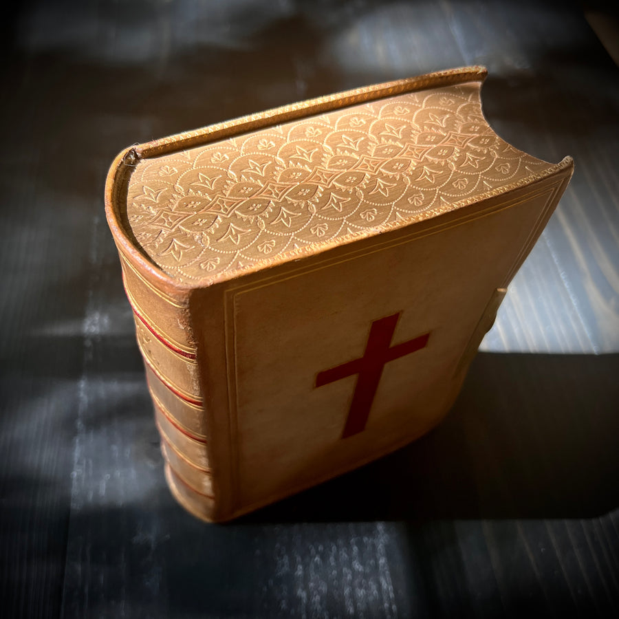 1866 Holy Bible | King James Version | Oxford University Press | Full Vellum Binding with Gauffered Edges, Gilt Clasp & Red Inlaid Cross | Presentation Copy