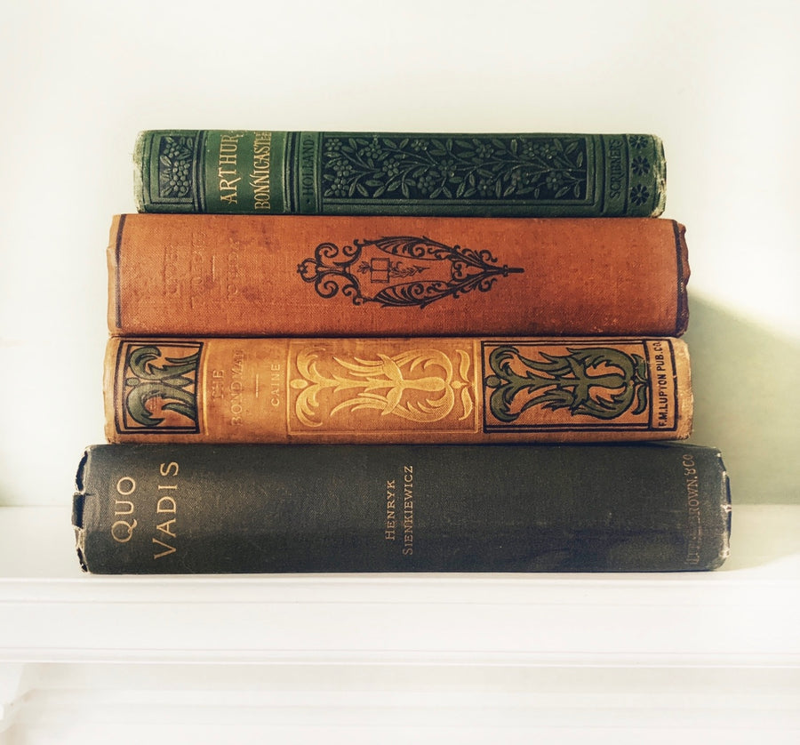 Decorative Book Stack in Earthy Greens, Golds & Golden Brown