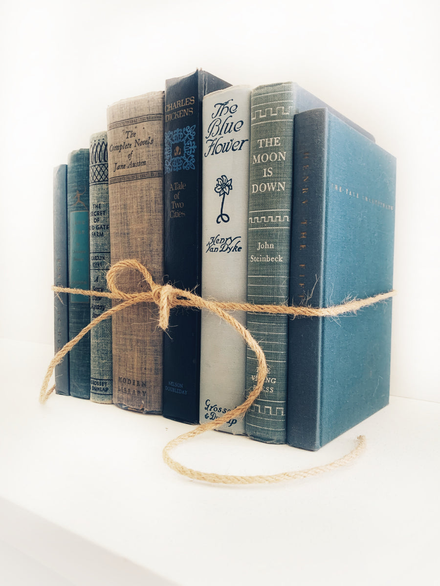 Vintage Decorative Blue Stack, Included in Stack is Jane Austen Works & Jane Eyre