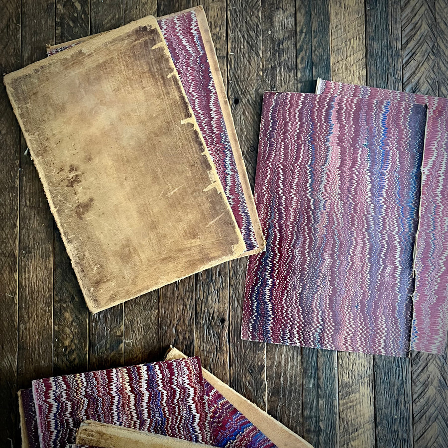 Sets of Antiquarian 2-Leather Boards with 2-Matching marbled Sheets